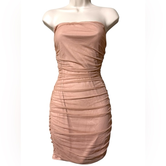 Fashion Nova Strapless Ruched Dress in Nude - Picture 2 of 5